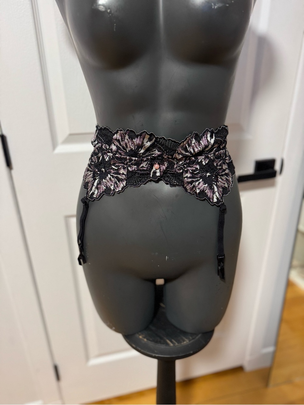 Lace Floral Garter Belt - Black with Pink Accents